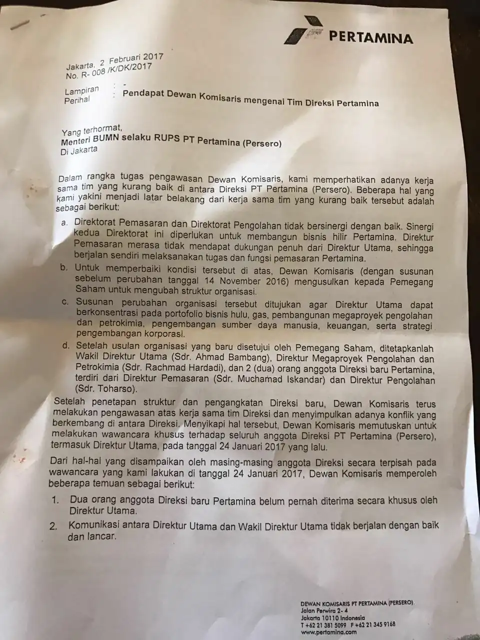 Surat Rekomendasi Dekom Pertamina Akhiri Konflik Dirut VS Direksi 