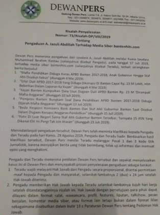 Dewan Pers Akhirnya Mengeluarkan Risalah Pengaduan Jazuli Abdillah Terhadap BantenHits