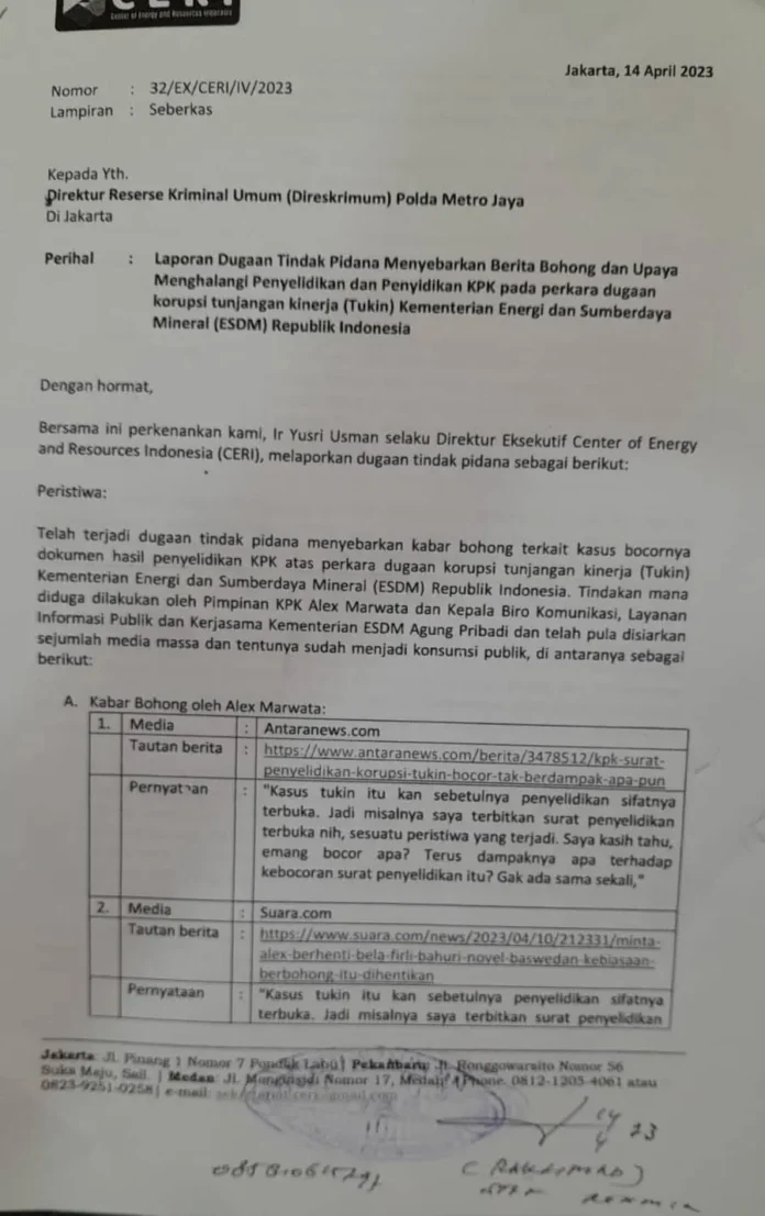 CERI Laporkan Wakil Ketua KPK dan Kabiro KLIK Kementerian ESDM ke Polda Metro Jaya